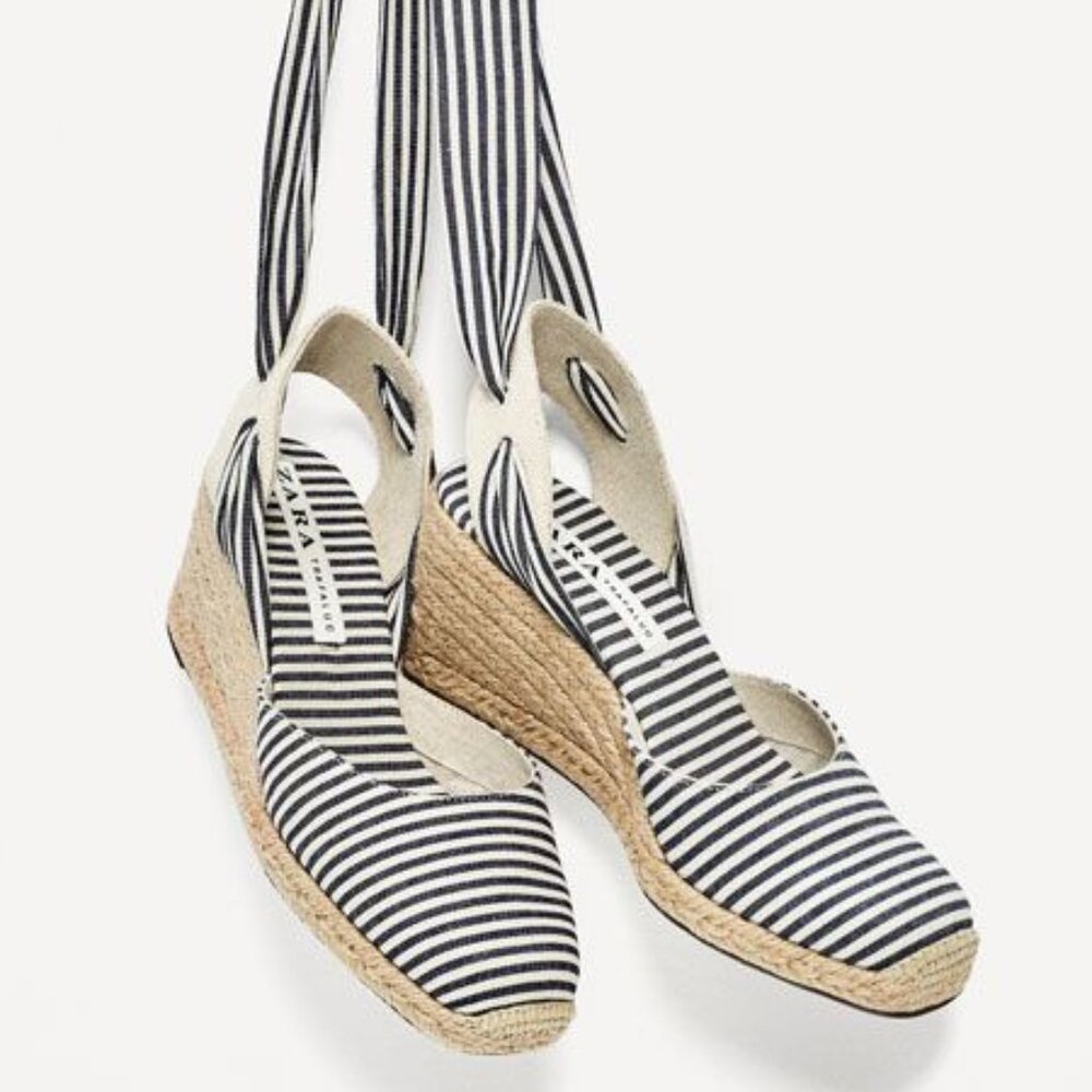 Zara - Striped Blue and White Espadrille Wedge Heels with Ankle Ties - size 7.5